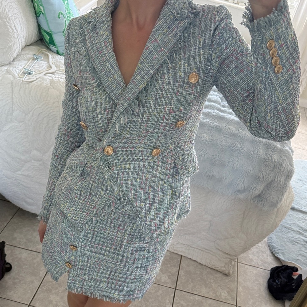 Walter Baker Women’s NWT Tweed Jacket & Skirt Set - Light Blue & Pastel Flecks